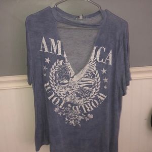america world tour t shirt with a v cut out